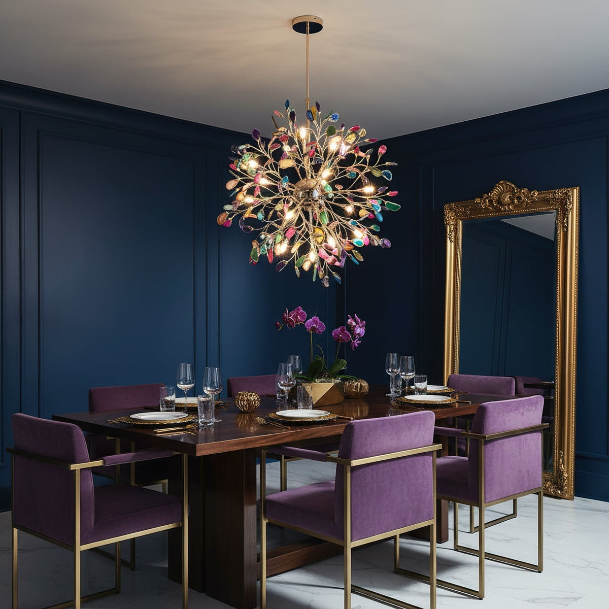 Agaten takken kroonluchter 23-inch goudkleurige afwerking met meerdere verstelbare G4-armaturen voor eetkamer woonkamer statement verlichting veelkleurig Natura | Thomler