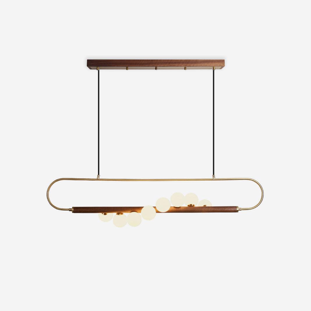 Lineaire hanglamp 90 cm met matglazen bollen voor eettafel keukeneiland messing houtlook in hoogte verstelbaar 5-lichts | Thomler