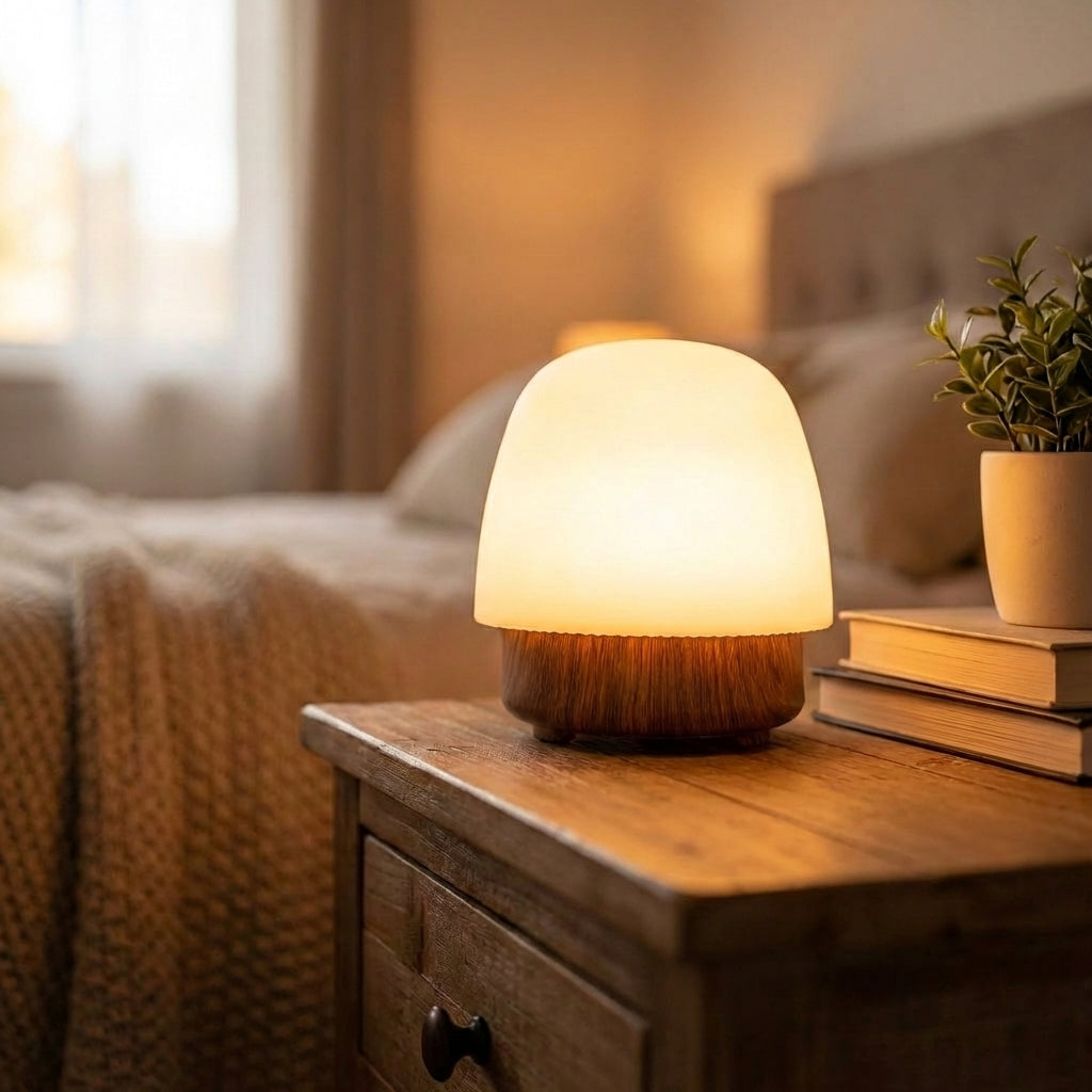 Lámpara de escritorio LED recargable con pantalla de silicona, regulador de intensidad y control de temperatura de color para mesita de noche, guardería y oficina | Base de madera natural | Thomler