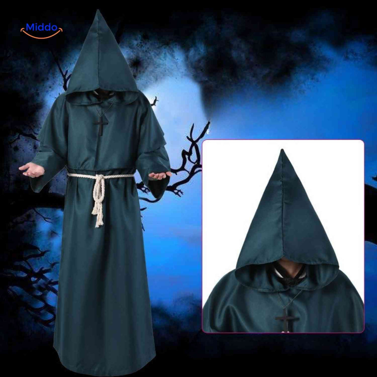 Hooded Monk Robe Costume – Medieval Style Cosplay Outfit for Halloween, Cosplay & Theater