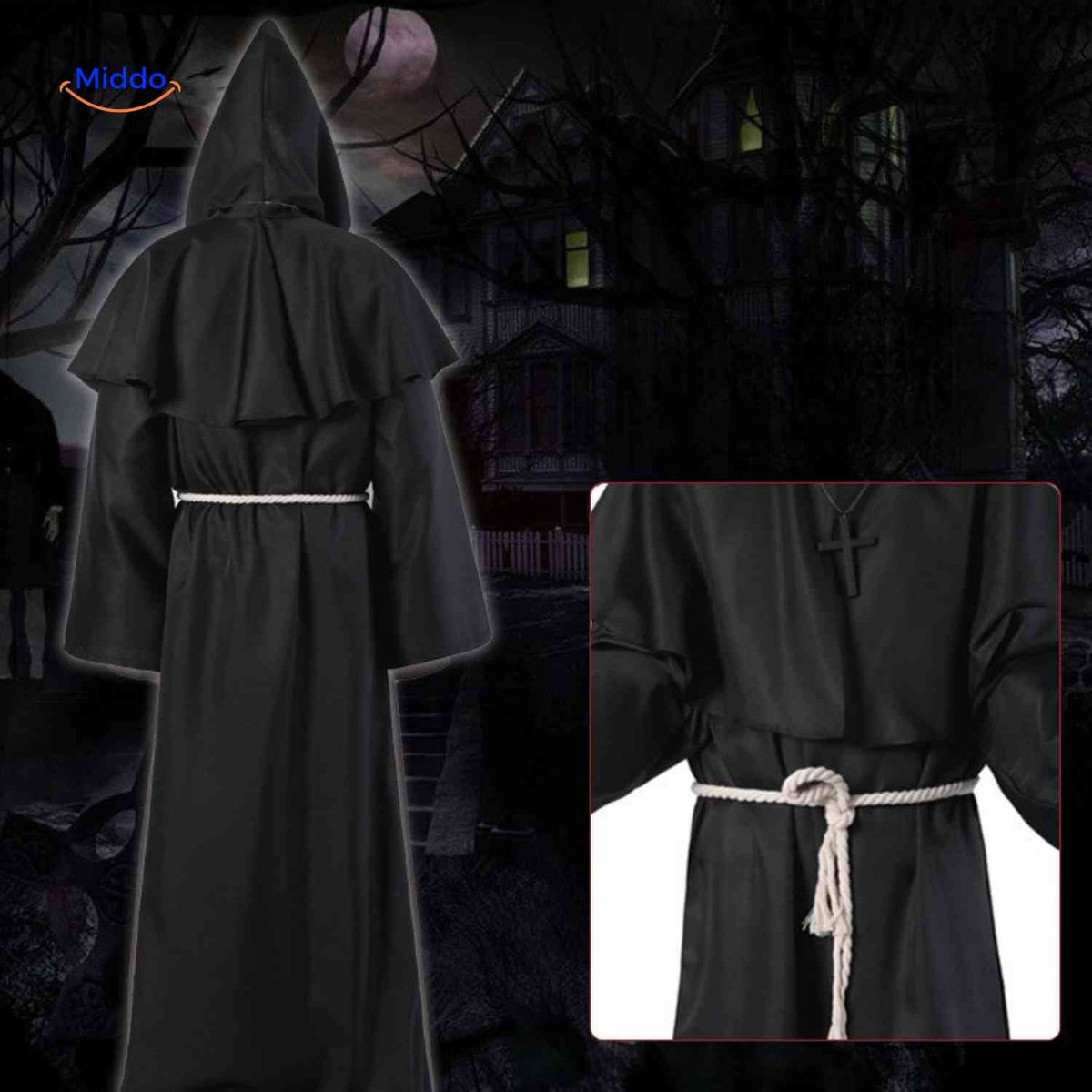 Hooded Monk Robe Costume – Medieval Style Cosplay Outfit for Halloween, Cosplay & Theater