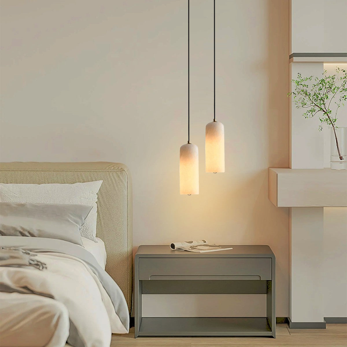 Alabaster Stone Hanging Lamp 10 in Tall White Shade Brass Accent Minimal Pendant for Islands Dining Tables Bedrooms Entryways | Thomler
