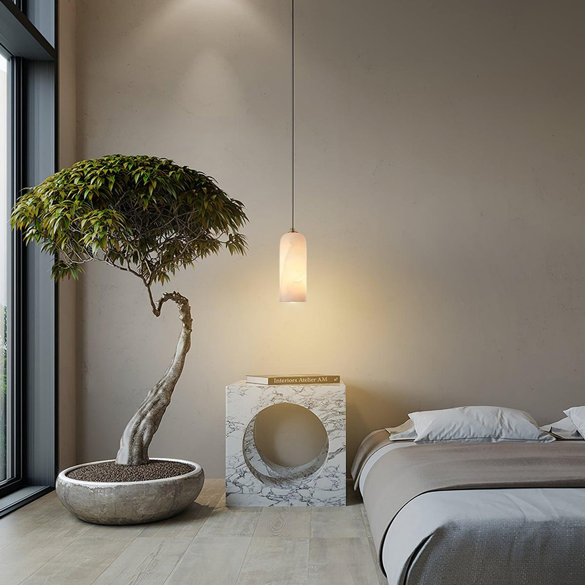 Alabaster Stone Hanging Lamp 10 in Tall White Shade Brass Accent Minimal Pendant for Islands Dining Tables Bedrooms Entryways | Thomler