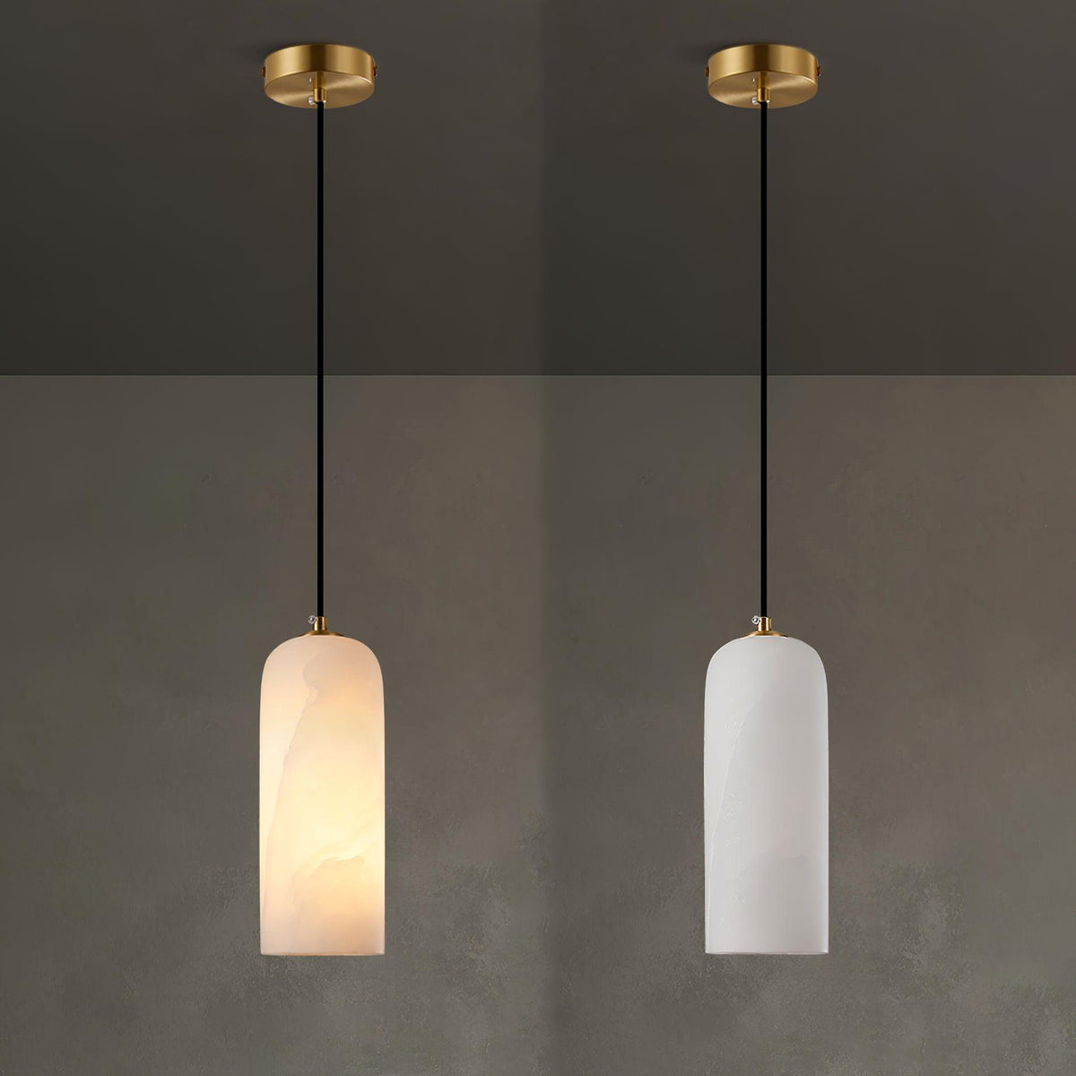 Alabaster Stone Hanging Lamp 10 in Tall White Shade Brass Accent Minimal Pendant for Islands Dining Tables Bedrooms Entryways | Thomler