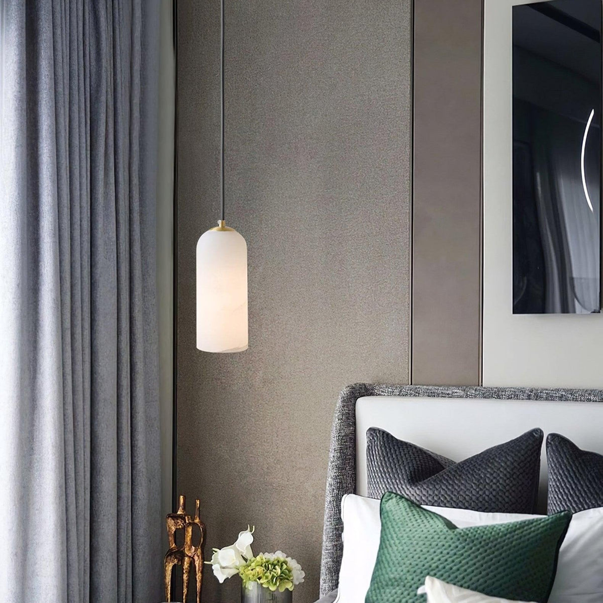 Alabaster Stone Hanging Lamp 10 in Tall White Shade Brass Accent Minimal Pendant for Islands Dining Tables Bedrooms Entryways | Thomler