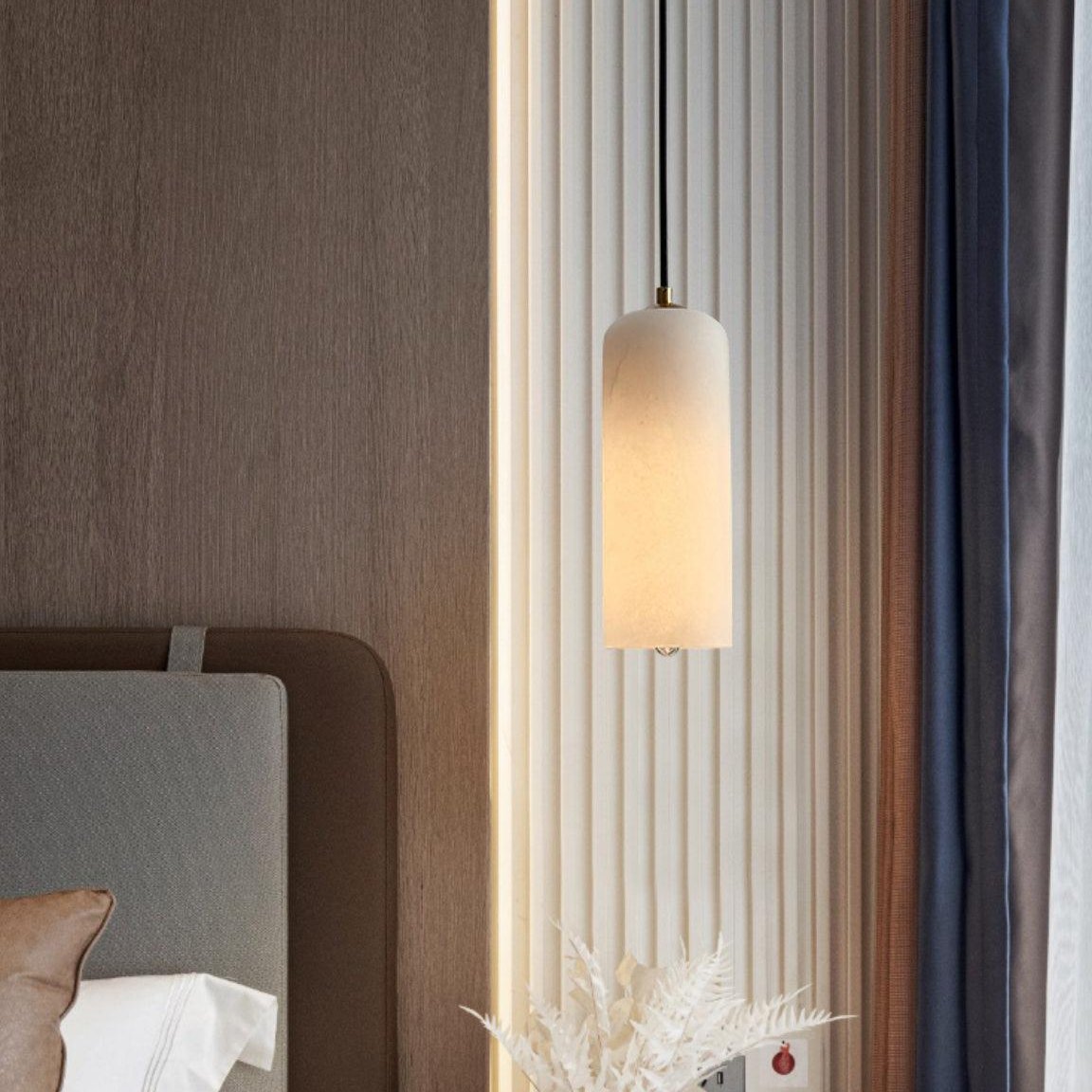 Alabaster Stone Hanging Lamp 10 in Tall White Shade Brass Accent Minimal Pendant for Islands Dining Tables Bedrooms Entryways | Thomler