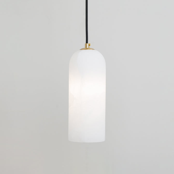 Alabaster Stone Hanging Lamp 10 in Tall White Shade Brass Accent Minimal Pendant for Islands Dining Tables Bedrooms Entryways | Thomler