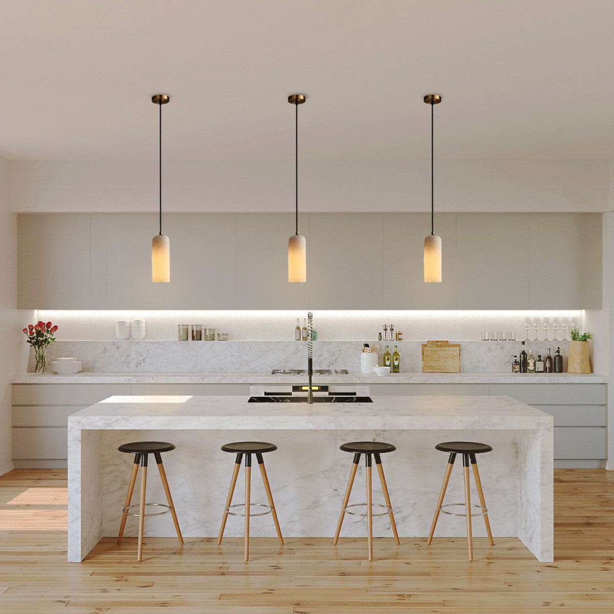 Alabaster Stone Hanging Lamp 10 in Tall White Shade Brass Accent Minimal Pendant for Islands Dining Tables Bedrooms Entryways | Thomler