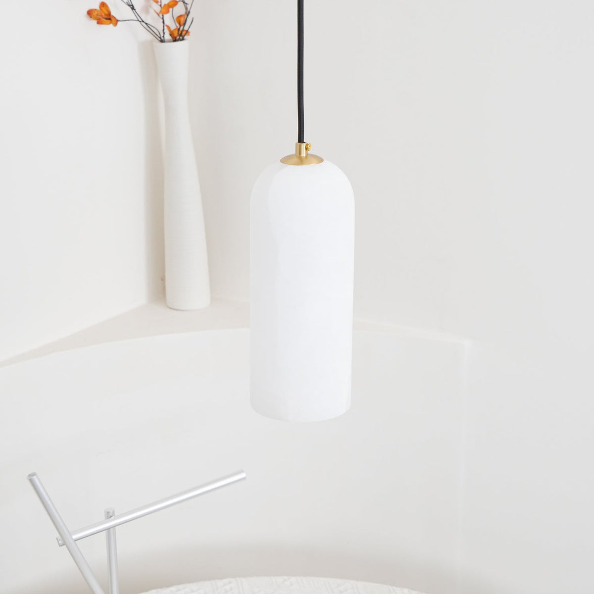 Alabaster Stone Hanging Lamp 10 in Tall White Shade Brass Accent Minimal Pendant for Islands Dining Tables Bedrooms Entryways | Thomler