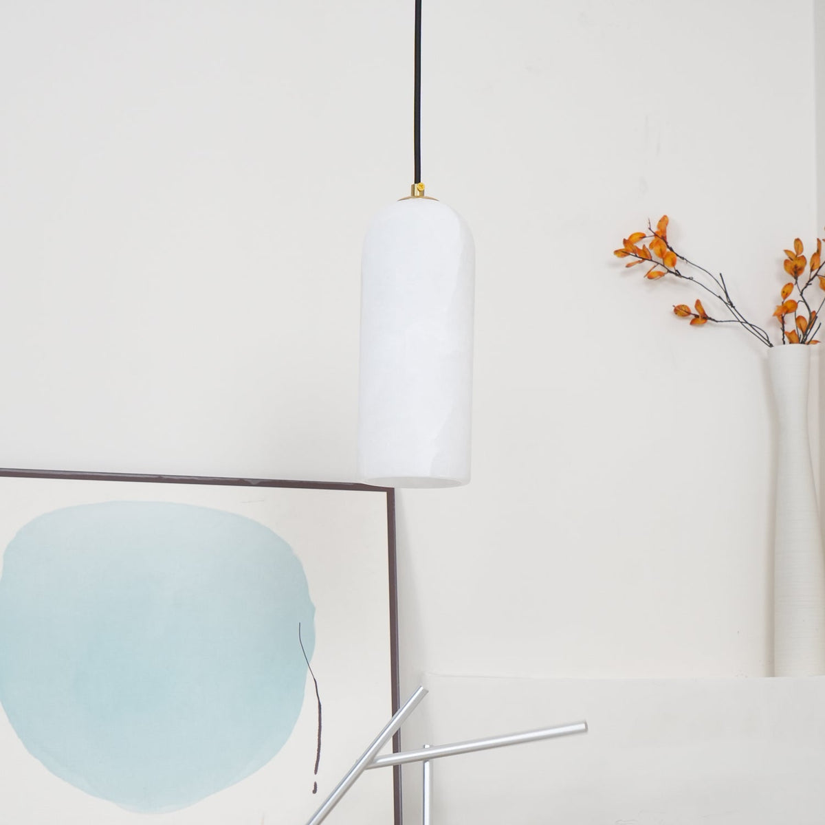 Alabaster Stone Hanging Lamp 10 in Tall White Shade Brass Accent Minimal Pendant for Islands Dining Tables Bedrooms Entryways | Thomler