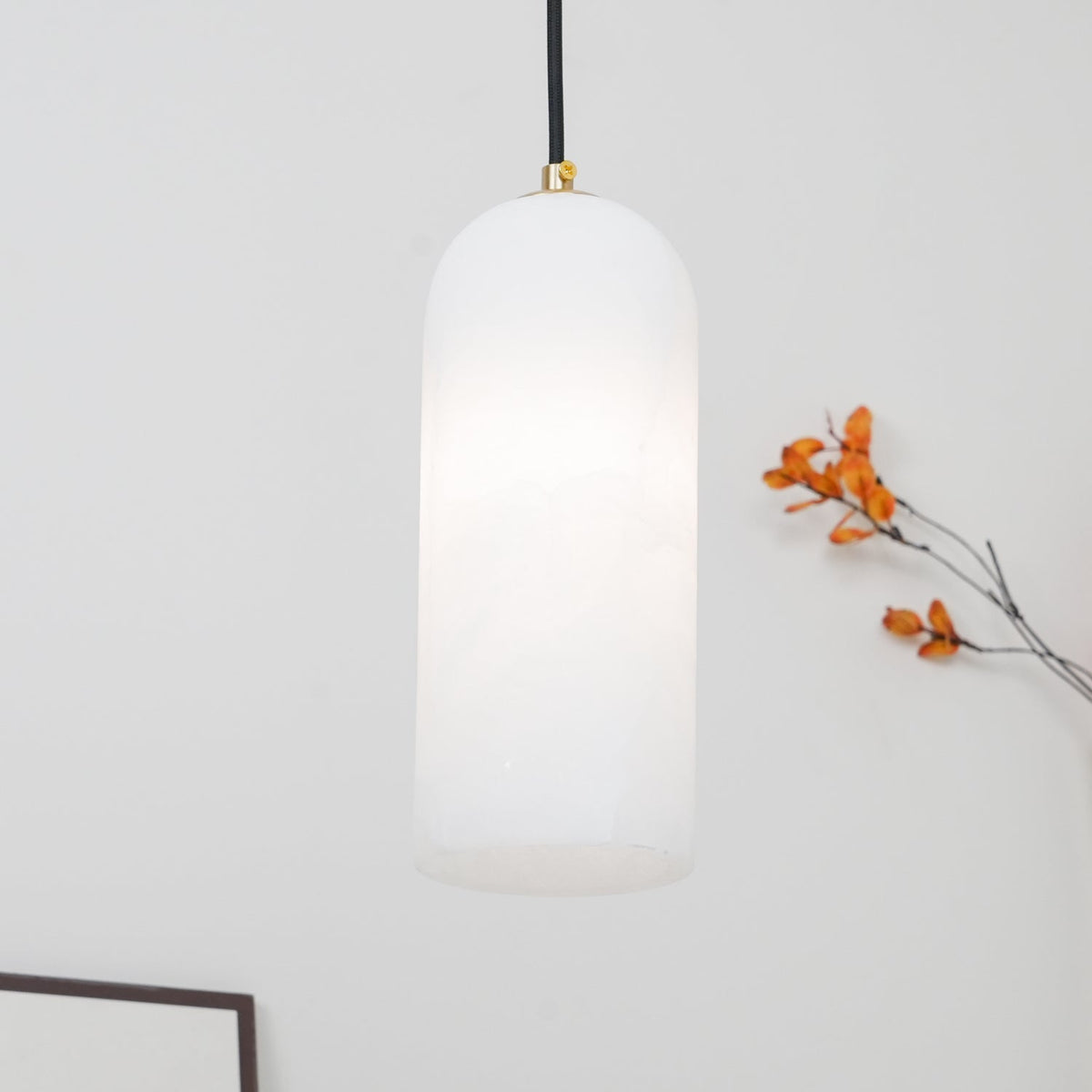 Alabaster Stone Hanging Lamp 10 in Tall White Shade Brass Accent Minimal Pendant for Islands Dining Tables Bedrooms Entryways | Thomler