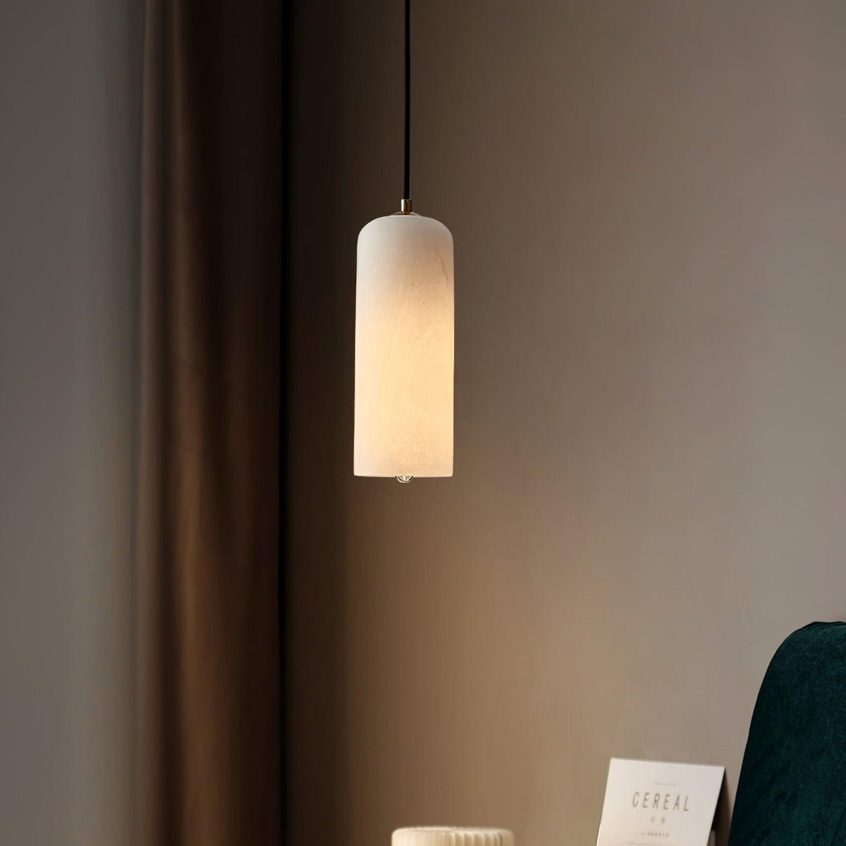 Alabaster Stone Hanging Lamp 10 in Tall White Shade Brass Accent Minimal Pendant for Islands Dining Tables Bedrooms Entryways | Thomler