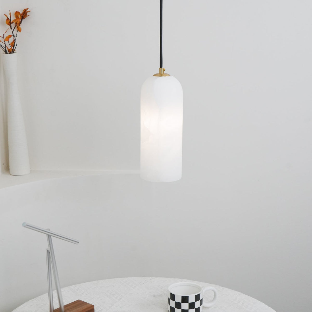 Alabaster Stone Hanging Lamp 10 in Tall White Shade Brass Accent Minimal Pendant for Islands Dining Tables Bedrooms Entryways | Thomler