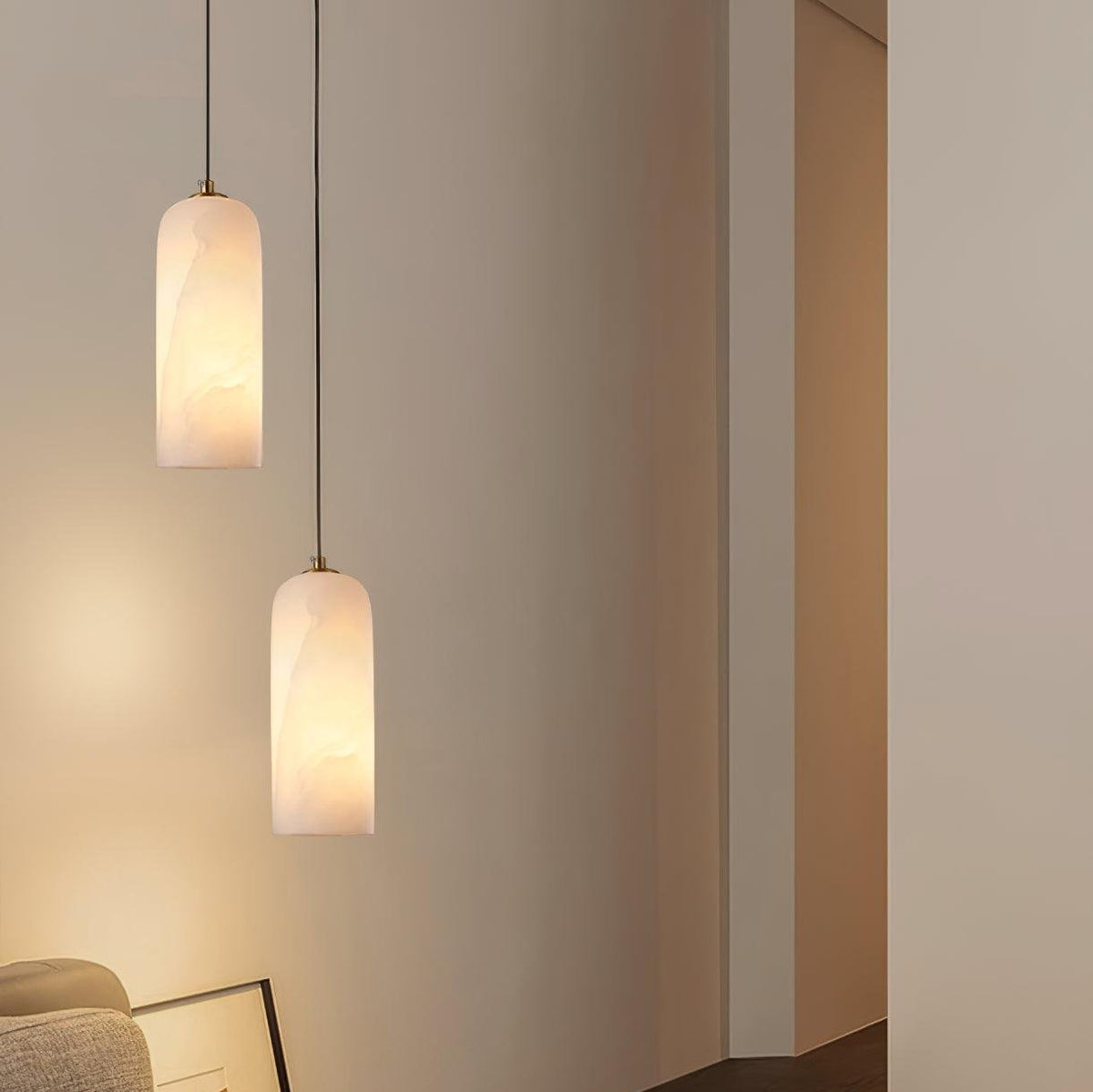 Alabaster Stone Hanging Lamp 10 in Tall White Shade Brass Accent Minimal Pendant for Islands Dining Tables Bedrooms Entryways | Thomler