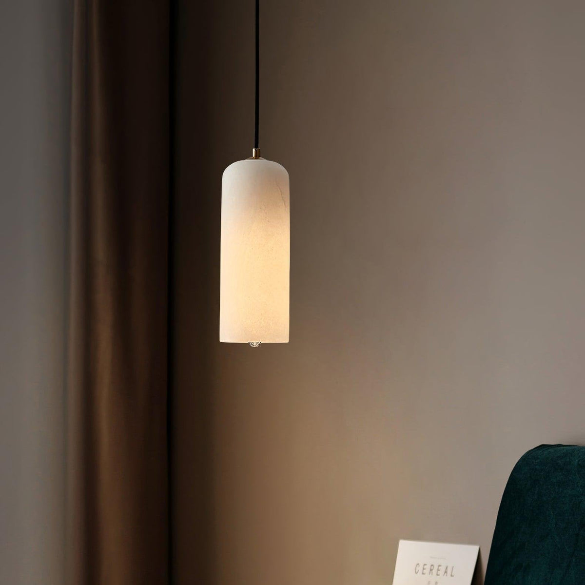 Alabaster Stone Hanging Lamp 10 in Tall White Shade Brass Accent Minimal Pendant for Islands Dining Tables Bedrooms Entryways | Thomler