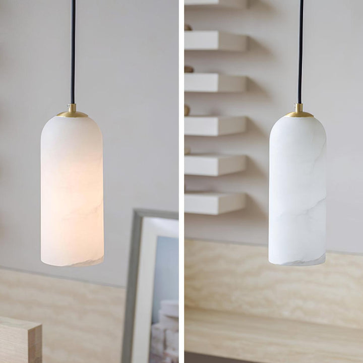 Alabaster Stone Hanging Lamp 10 in Tall White Shade Brass Accent Minimal Pendant for Islands Dining Tables Bedrooms Entryways | Thomler