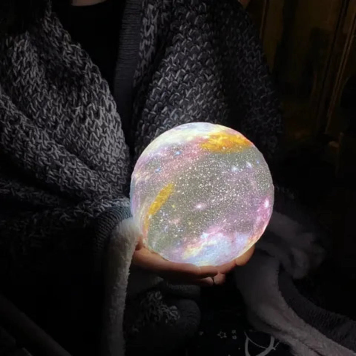 3D Printed Lunar Surface Night Light with Remote Control 16-Color LED Sphere on Wood Base for Bedroom Desk Space Decor | Thomler
