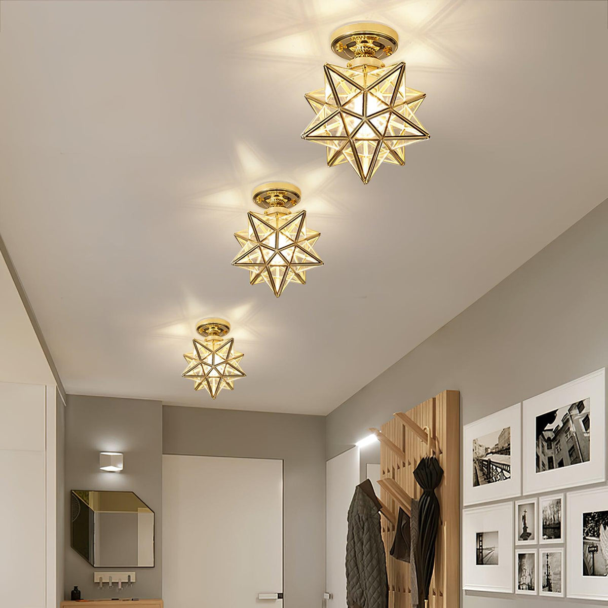 Geometric Star Pendant Light Fixture with Multi-Faceted Glass Panels for Hallway Entry Living Room Indoor Overhead Lighting | Thomler