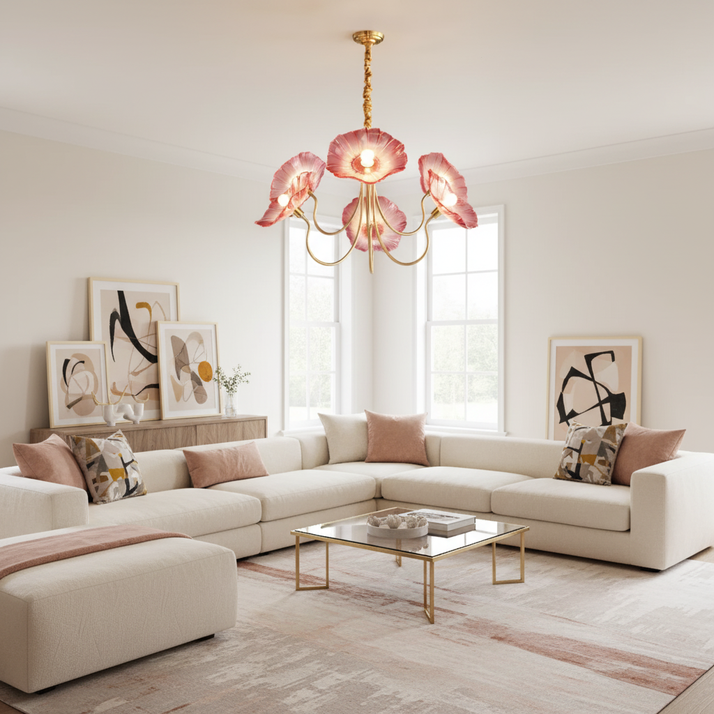 Hanglamp van mat glas met bloemdesign, 35 inch, meerarmig armatuur, helder roze goud, plafondverlichting voor eetkamer, woonkamer, hal, entree, modern in | Thomler