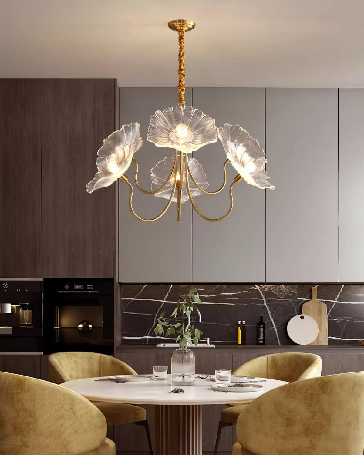 Hanglamp van mat glas met bloemdesign, 35 inch, meerarmig armatuur, helder roze goud, plafondverlichting voor eetkamer, woonkamer, hal, entree, modern in | Thomler