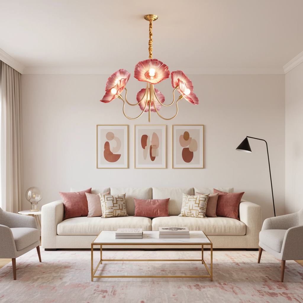 Hanglamp van mat glas met bloemdesign, 35 inch, meerarmig armatuur, helder roze goud, plafondverlichting voor eetkamer, woonkamer, hal, entree, modern in | Thomler