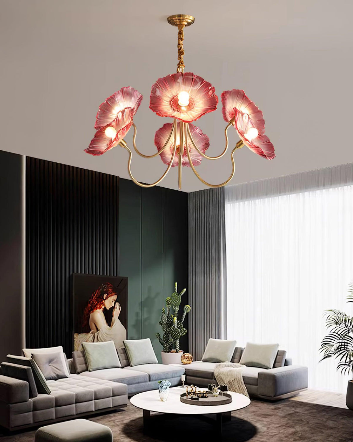 Hanglamp van mat glas met bloemdesign, 35 inch, meerarmig armatuur, helder roze goud, plafondverlichting voor eetkamer, woonkamer, hal, entree, modern in | Thomler