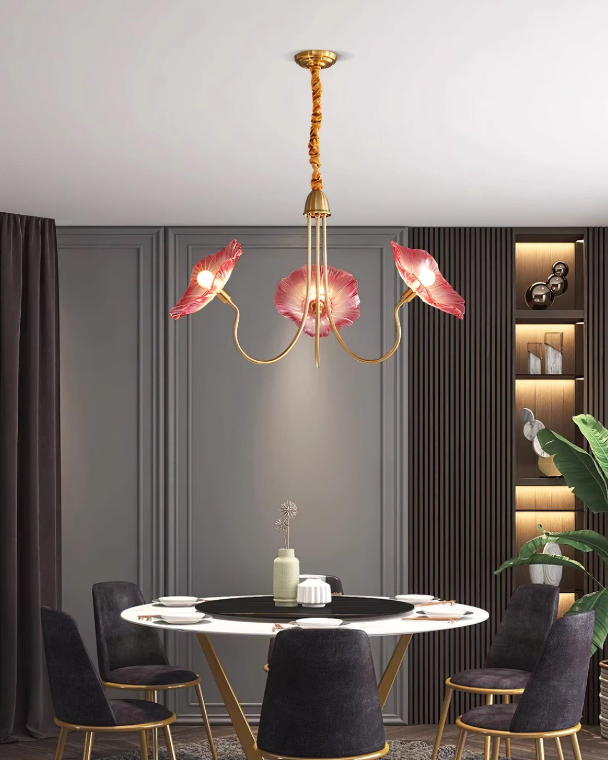 Hanglamp van mat glas met bloemdesign, 35 inch, meerarmig armatuur, helder roze goud, plafondverlichting voor eetkamer, woonkamer, hal, entree, modern in | Thomler