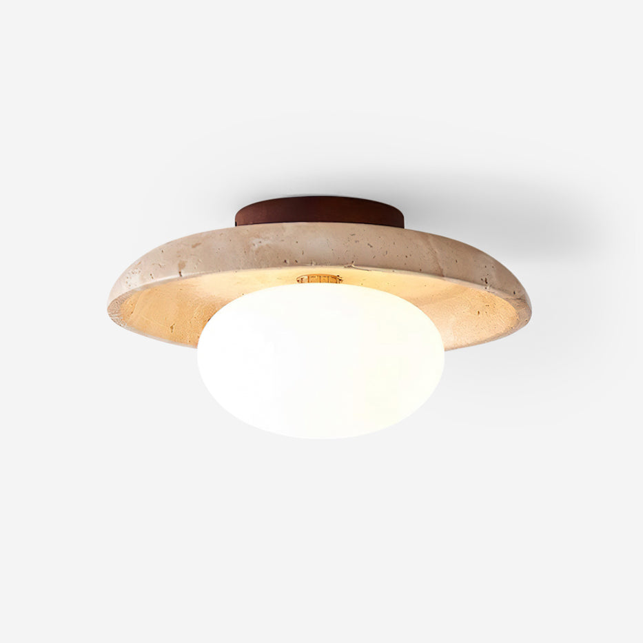 Compact Flush Mount Light Fixture with Natural Stone and Wood 10 in Round for Entryway Bedroom Low Profile Wall or Ceiling Installation | Thomler