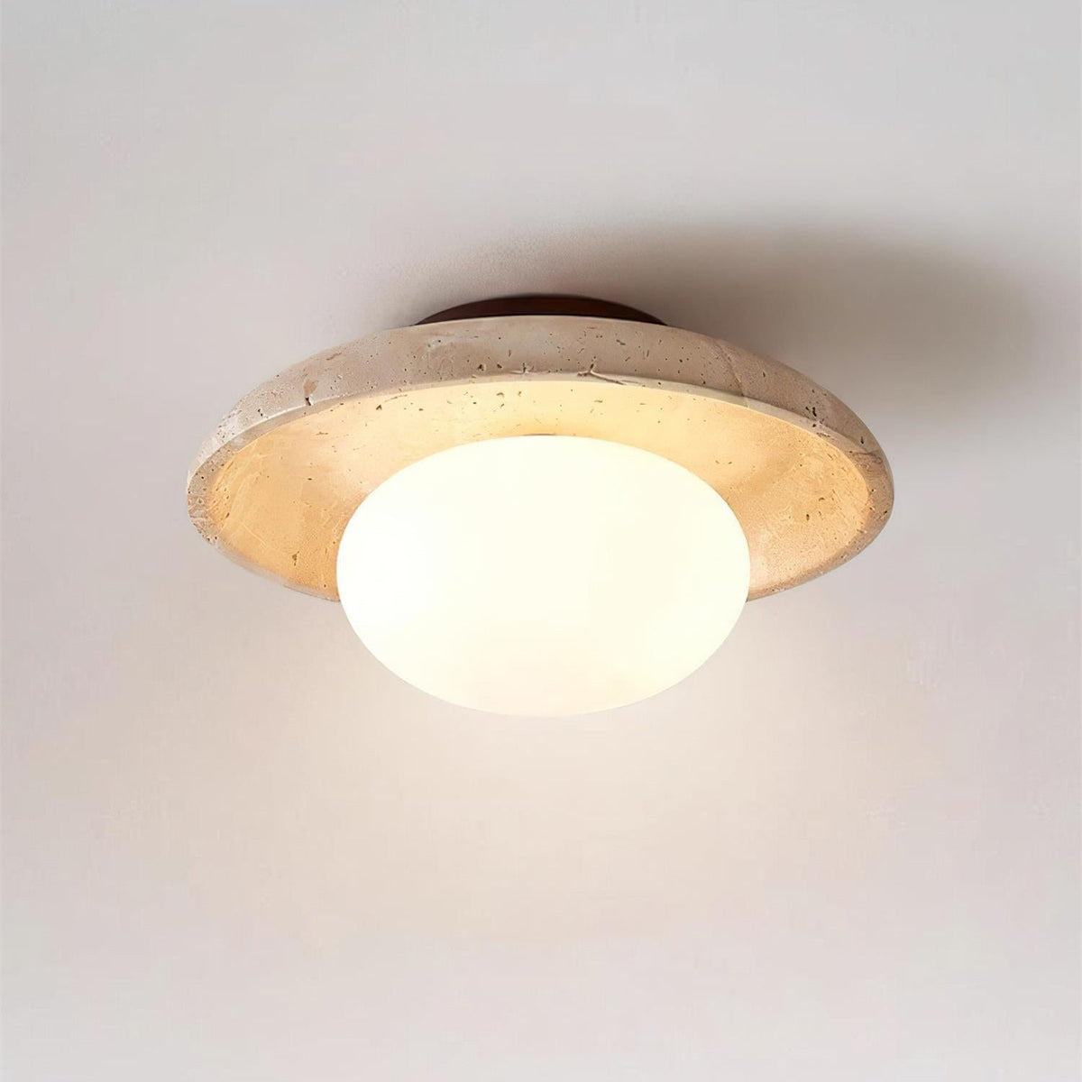 Compact Flush Mount Light Fixture with Natural Stone and Wood 10 in Round for Entryway Bedroom Low Profile Wall or Ceiling Installation | Thomler