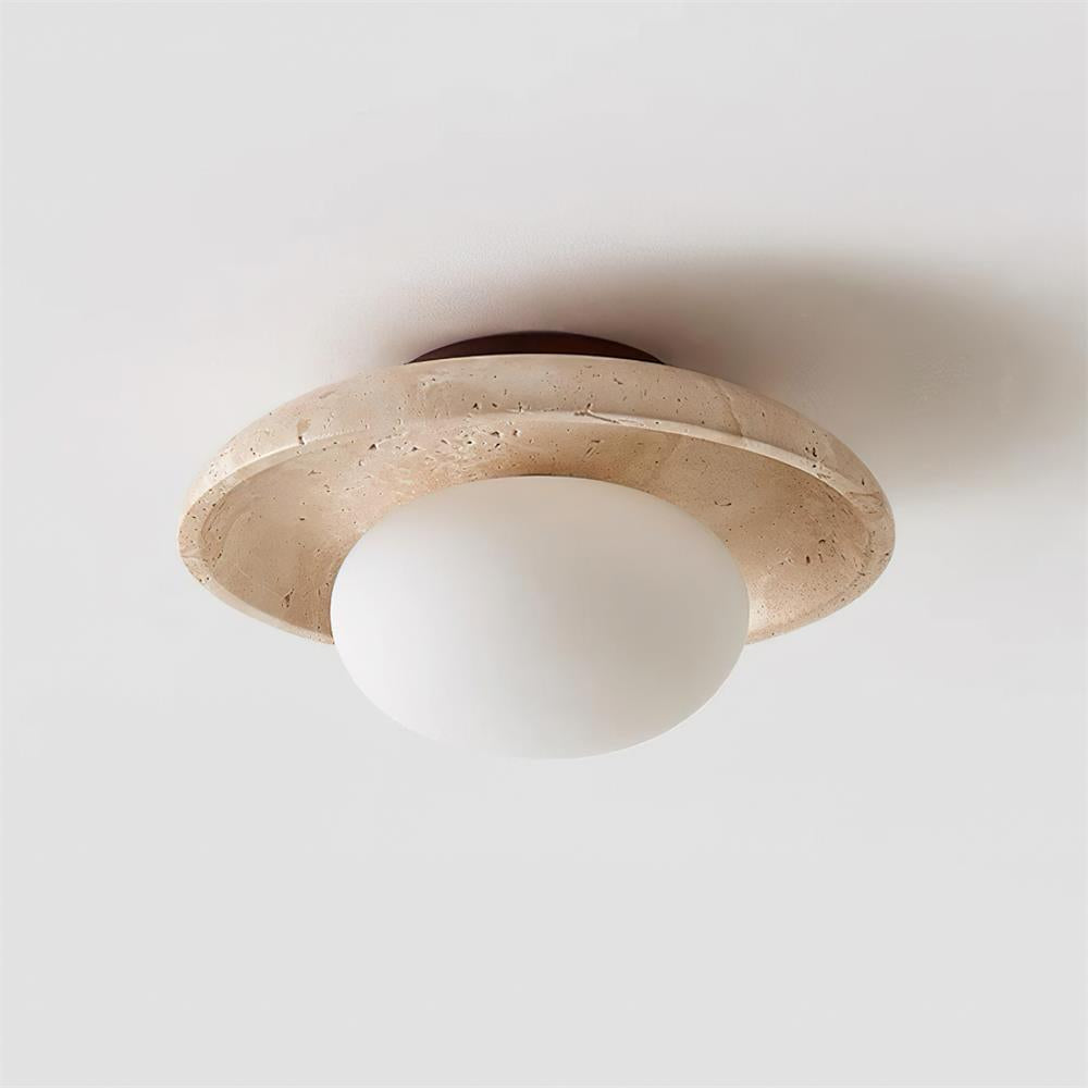 Compact Flush Mount Light Fixture with Natural Stone and Wood 10 in Round for Entryway Bedroom Low Profile Wall or Ceiling Installation | Thomler