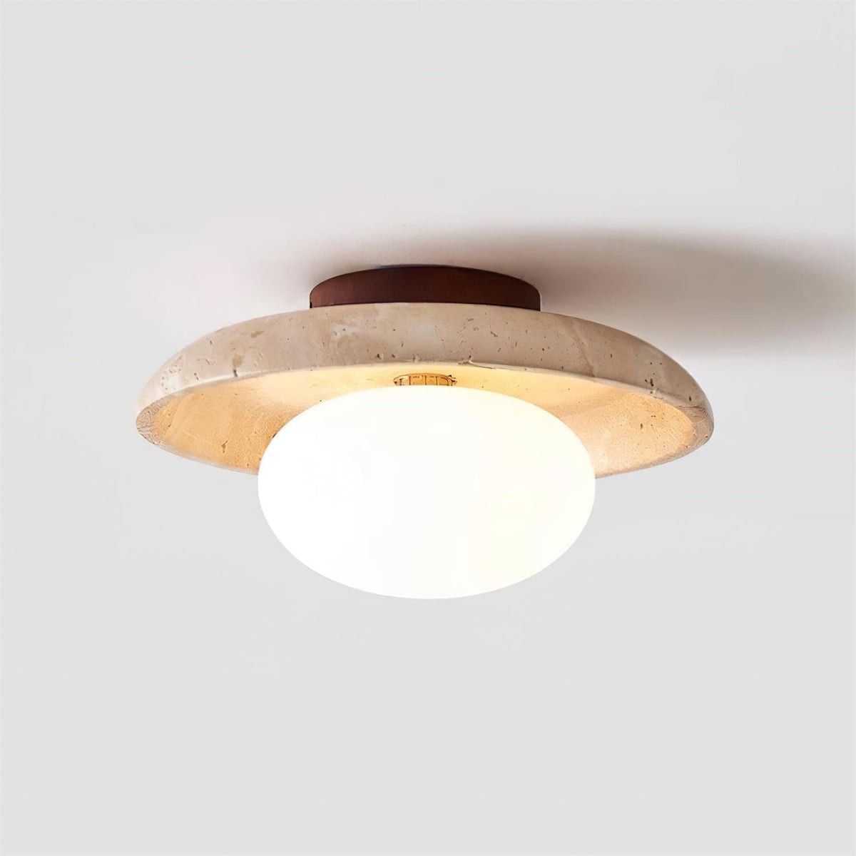 Compact Flush Mount Light Fixture with Natural Stone and Wood 10 in Round for Entryway Bedroom Low Profile Wall or Ceiling Installation | Thomler