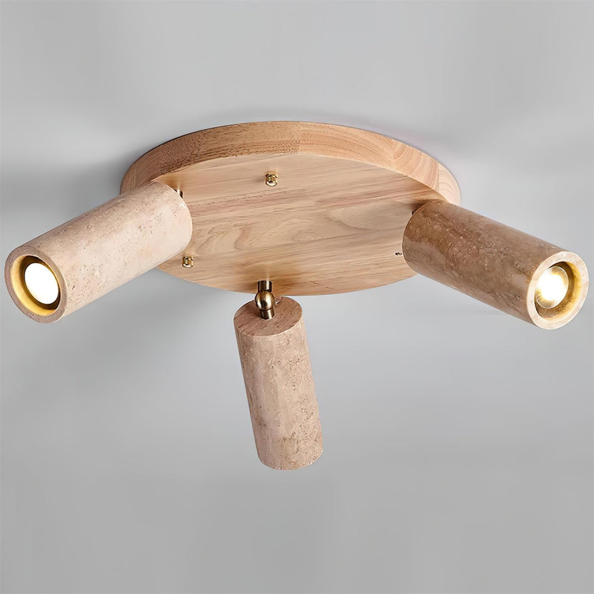 Drievoudige Draaibare Spotlight met Natuurstenen Cilinders & Houten Basis – Directionele Accentverlichting voor Keukens, Entrees & Woonruimtes | Thomler