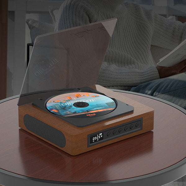 Reproductor de discos de sobremesa con transmisión de audio inalámbrica, sintonizador FM, pantalla LCD, carga USB-C y acabado en madera para salón, dormitorio o escritorio | Thomler