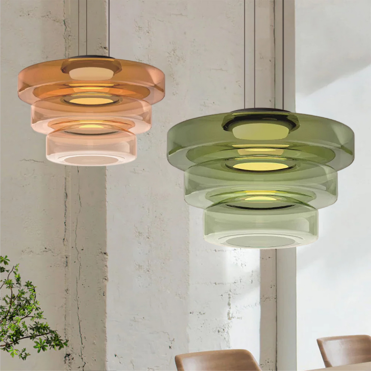 Stacked Glass Shade Ceiling Fixture 18 in Diameter Adjustable Height 12W Warm LED Kitchen Island Dining Room Modern Sculptural Hanging Light | Thomler