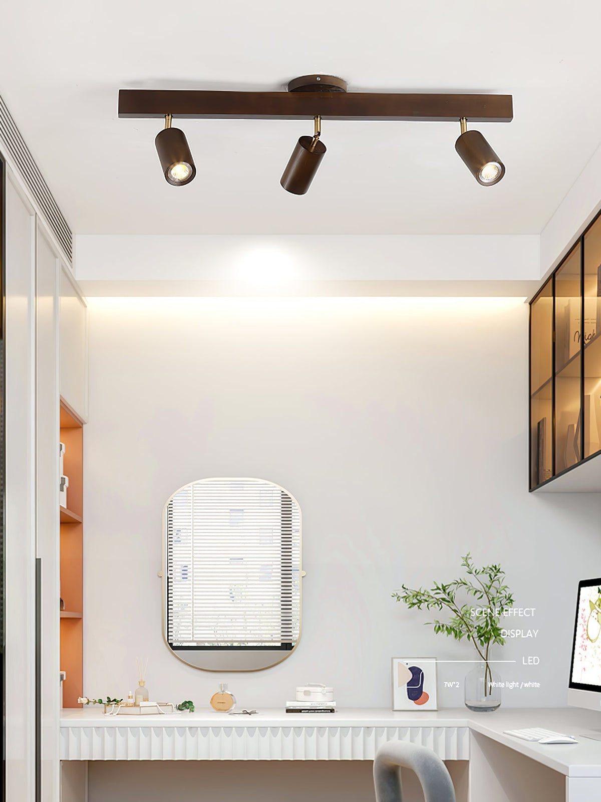 Foco de riel con múltiples cabezales y pantallas de madera para cocina, comedor y sala de estar | Lámpara LED ajustable para riel | Techo rústico de granja