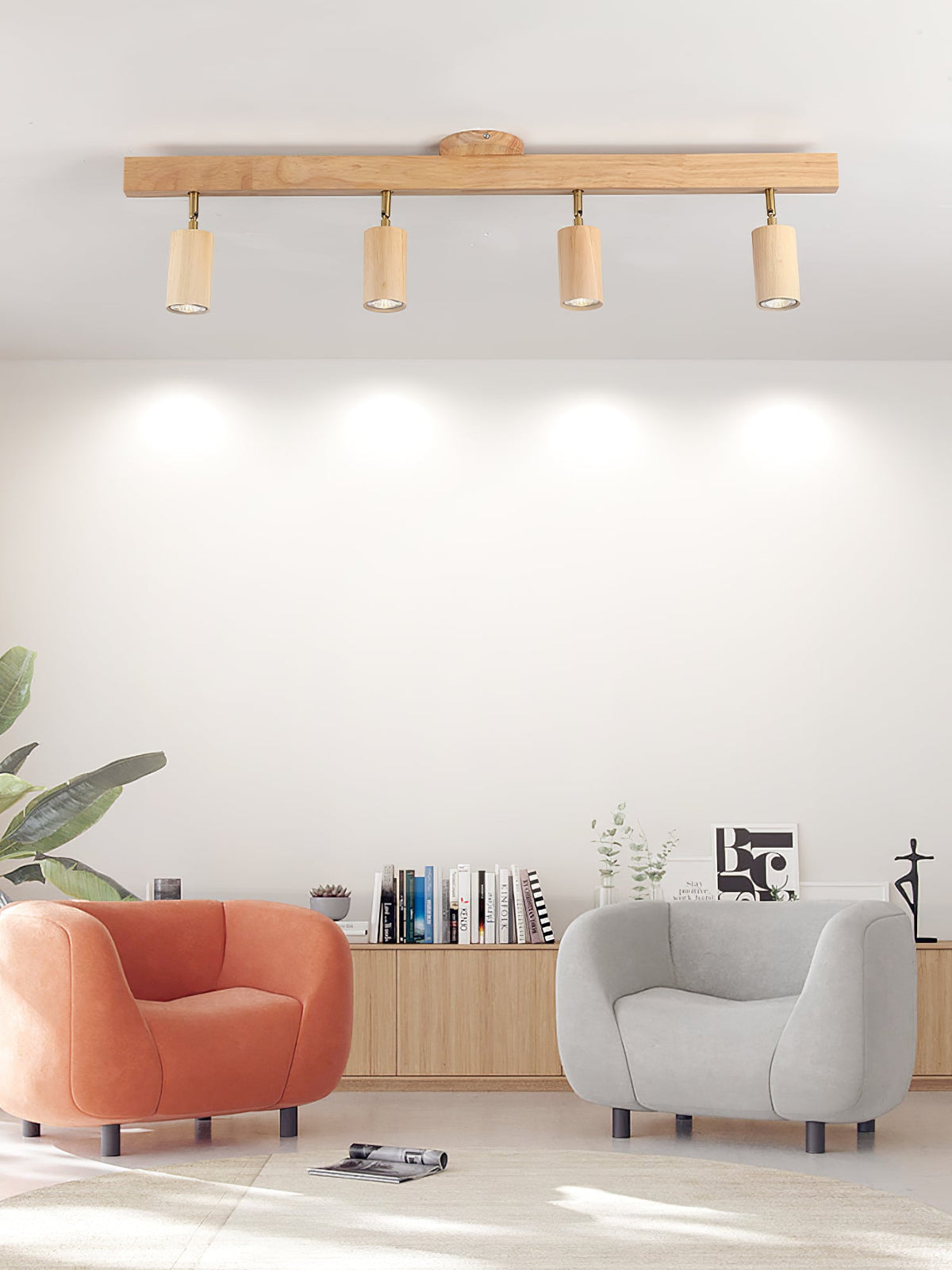 Foco de riel con múltiples cabezales y pantallas de madera para cocina, comedor y sala de estar | Lámpara LED ajustable para riel | Techo rústico de granja