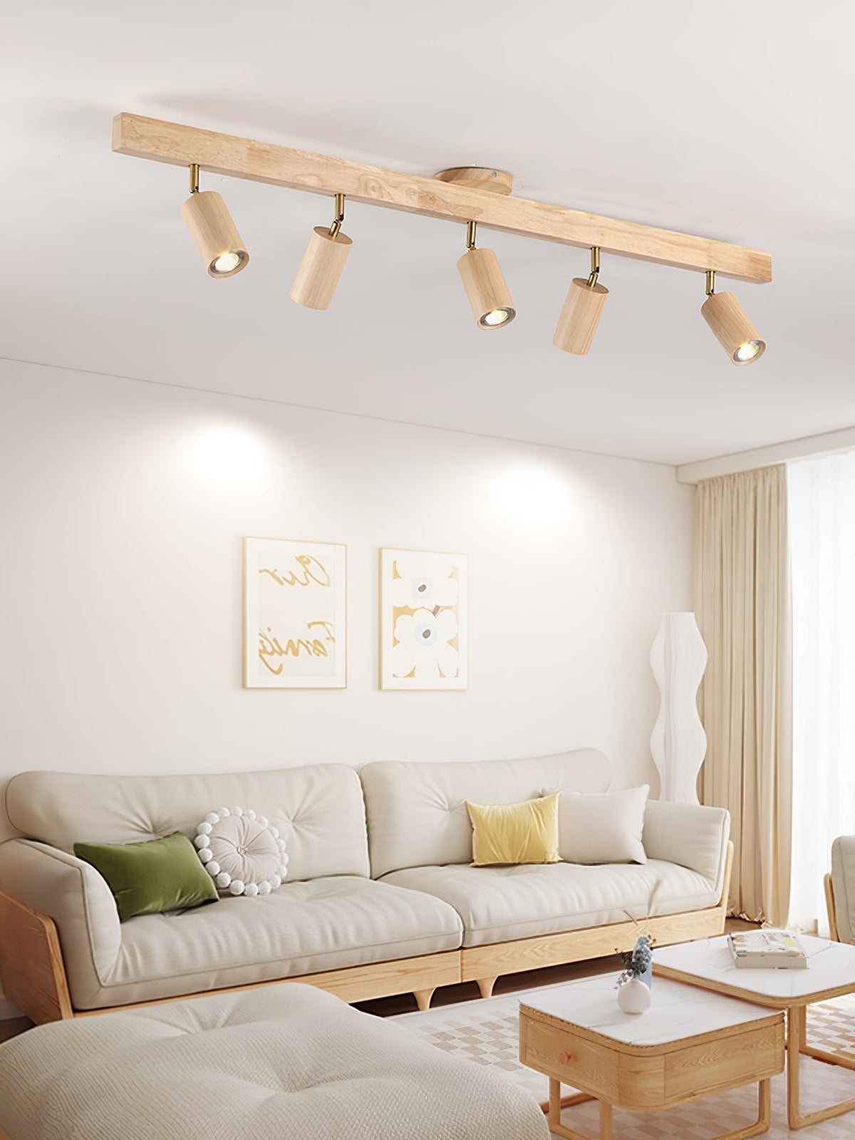 Foco de riel con múltiples cabezales y pantallas de madera para cocina, comedor y sala de estar | Lámpara LED ajustable para riel | Techo rústico de granja