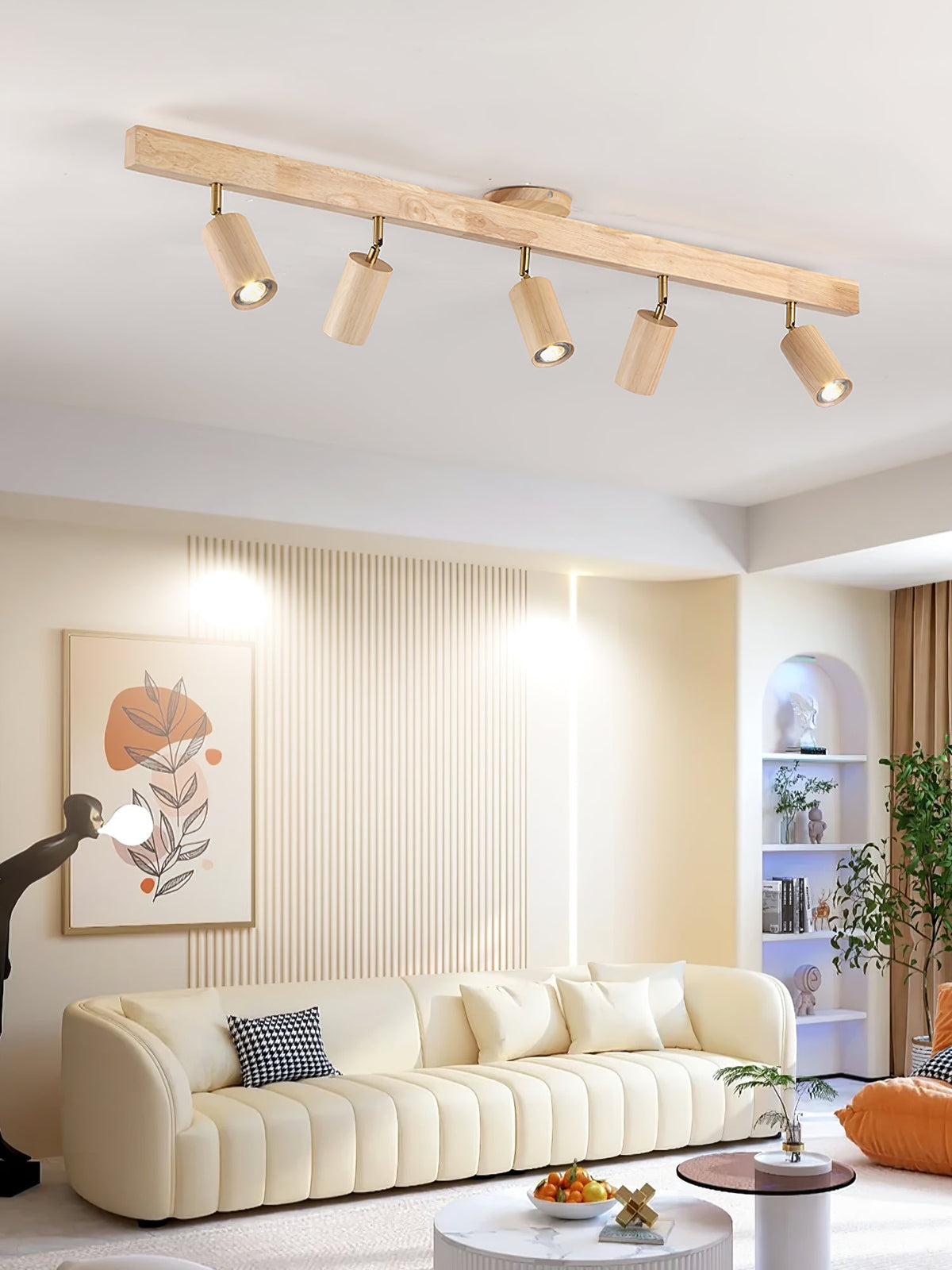 Foco de riel con múltiples cabezales y pantallas de madera para cocina, comedor y sala de estar | Lámpara LED ajustable para riel | Techo rústico de granja