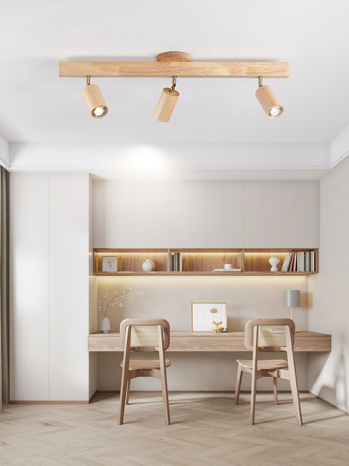 Foco de riel con múltiples cabezales y pantallas de madera para cocina, comedor y sala de estar | Lámpara LED ajustable para riel | Techo rústico de granja
