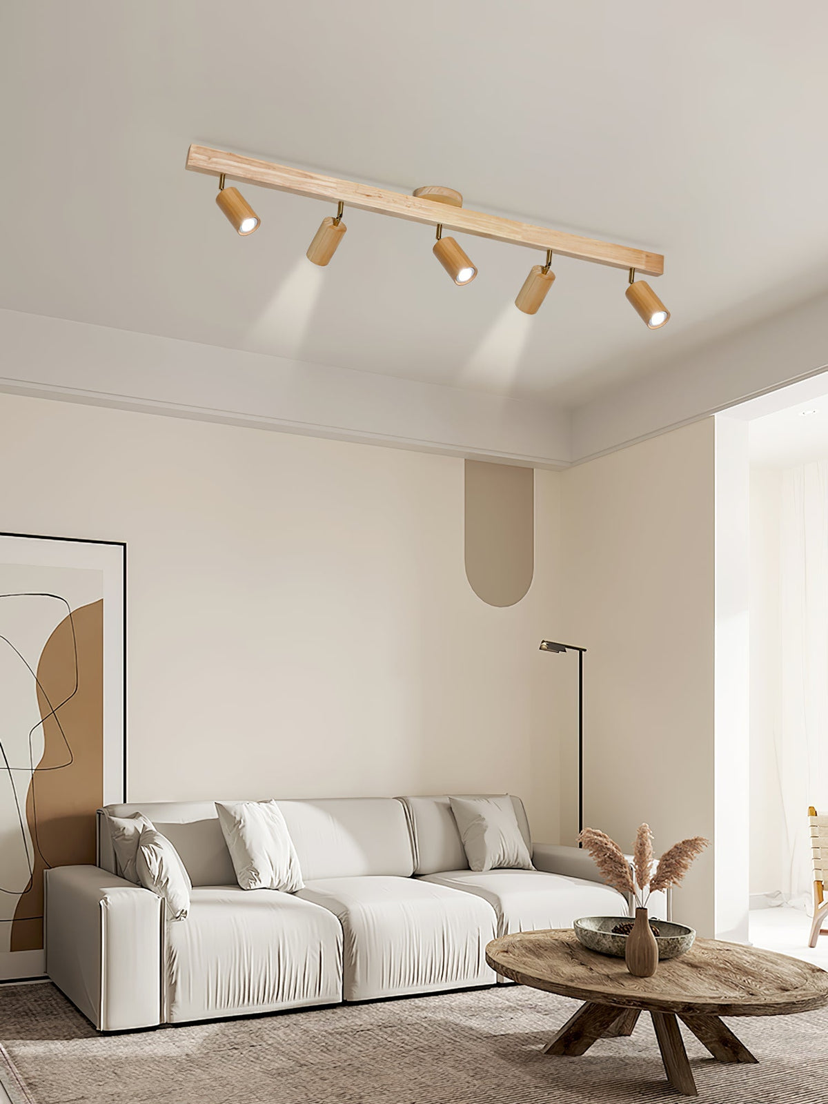 Foco de riel con múltiples cabezales y pantallas de madera para cocina, comedor y sala de estar | Lámpara LED ajustable para riel | Techo rústico de granja