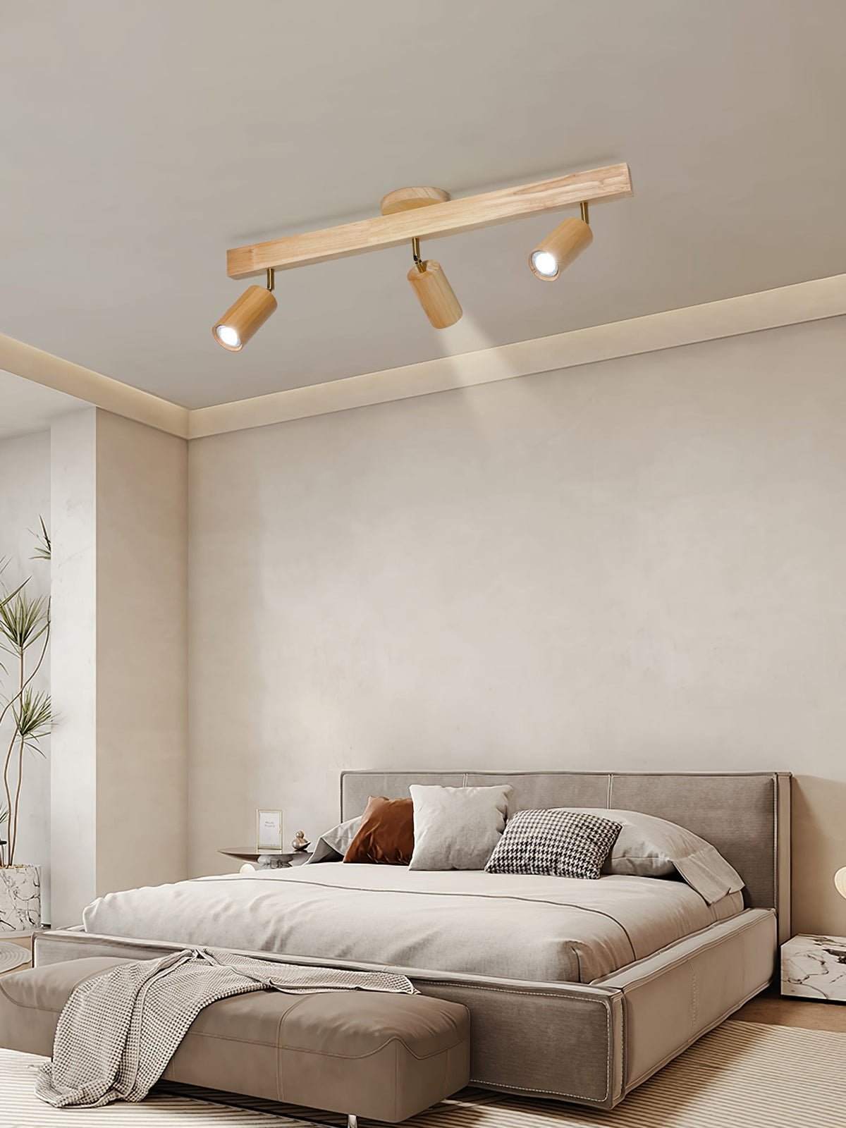 Foco de riel con múltiples cabezales y pantallas de madera para cocina, comedor y sala de estar | Lámpara LED ajustable para riel | Techo rústico de granja