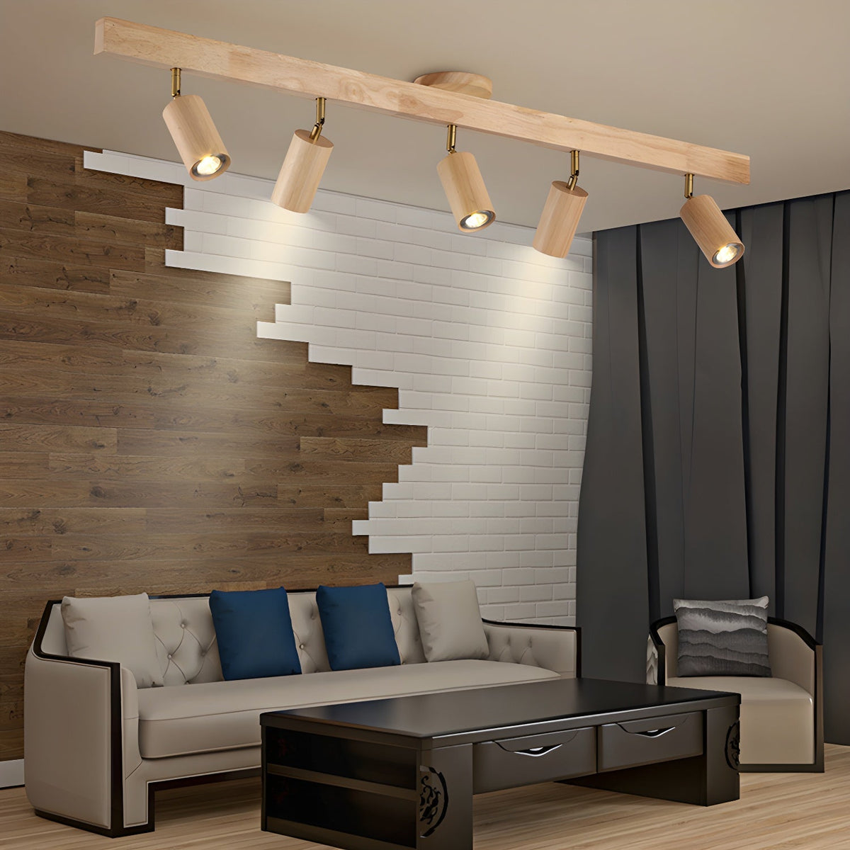 Foco de riel con múltiples cabezales y pantallas de madera para cocina, comedor y sala de estar | Lámpara LED ajustable para riel | Techo rústico de granja