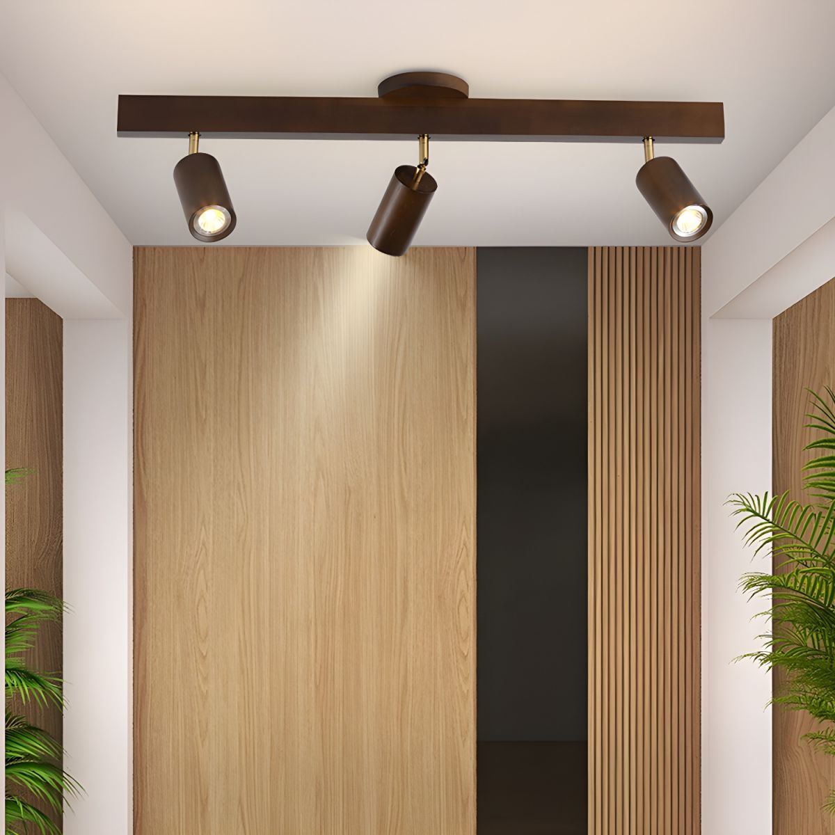 Foco de riel con múltiples cabezales y pantallas de madera para cocina, comedor y sala de estar | Lámpara LED ajustable para riel | Techo rústico de granja