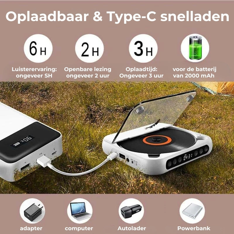 Tragbarer CD-Player mit Bluetooth 5.3-Funkverbindung, USB-C-Aufladung, kompakter, leichter Musik-Player für Kopfhörer und Lautsprecher, S