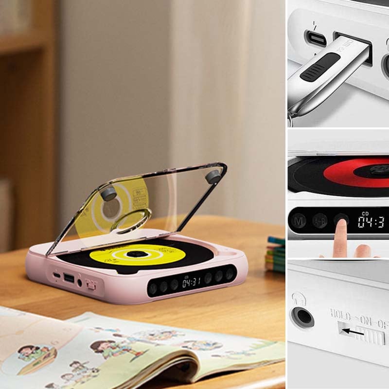 Tragbarer CD-Player mit Bluetooth 5.3-Funkverbindung, USB-C-Aufladung, kompakter, leichter Musik-Player für Kopfhörer und Lautsprecher, S