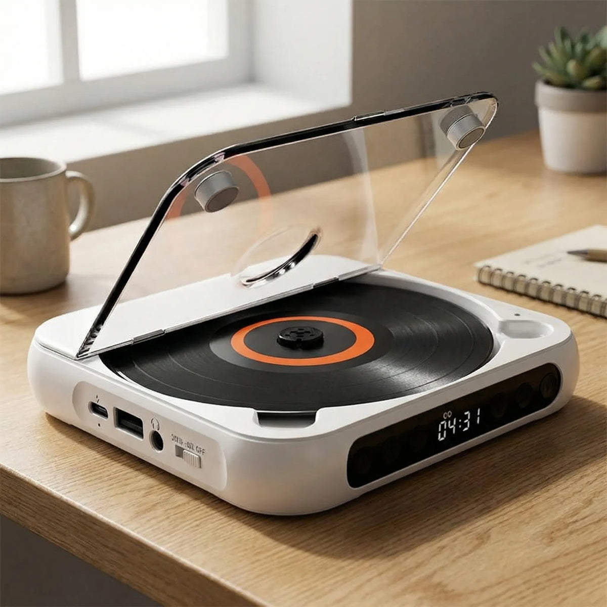 Tragbarer CD-Player mit Bluetooth 5.3-Funkverbindung, USB-C-Aufladung, kompakter, leichter Musik-Player für Kopfhörer und Lautsprecher, S
