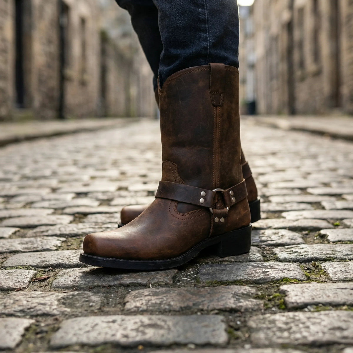 Heren Western Harness Laarzen met metalen gespdetail Vintage Cowboystijl halfhoge leren laarzen voor dagelijks casual gebruik | Thomler