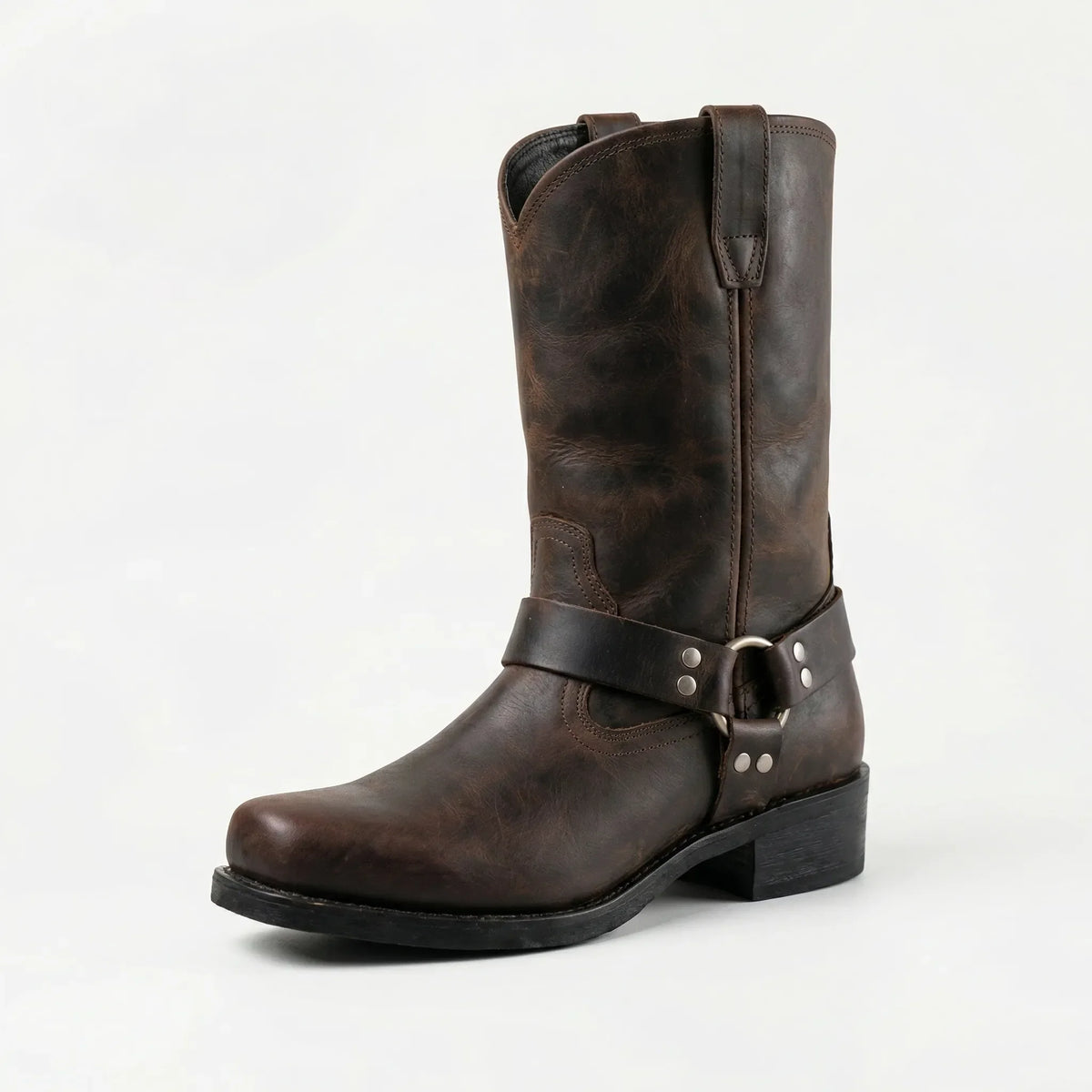 Heren Western Harness Laarzen met metalen gespdetail Vintage Cowboystijl halfhoge leren laarzen voor dagelijks casual gebruik | Thomler