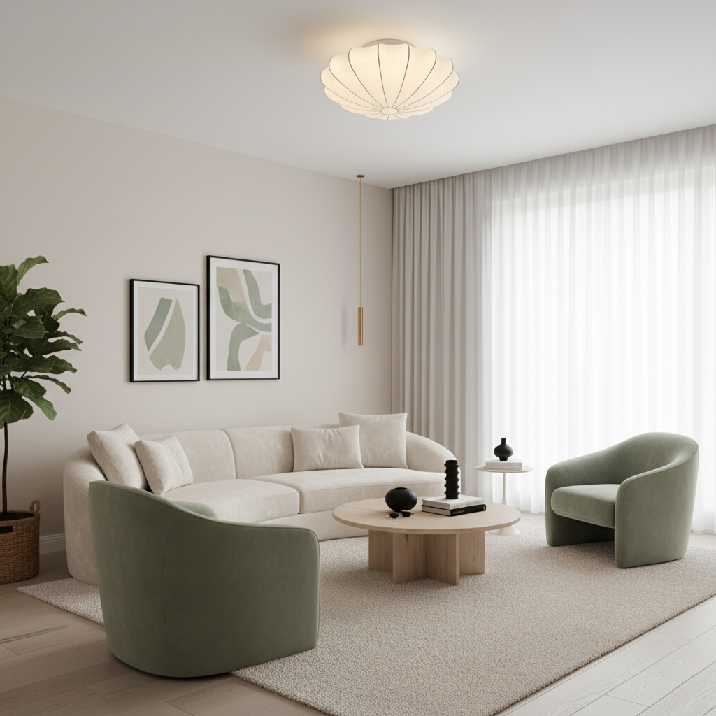 Flush Mount Pendant with Silk Shade White Metal Base for Bedroom Living Room Hallway Soft Glow E26 Socket 40W Compatible Wall or Ceiling Ins | Thomler