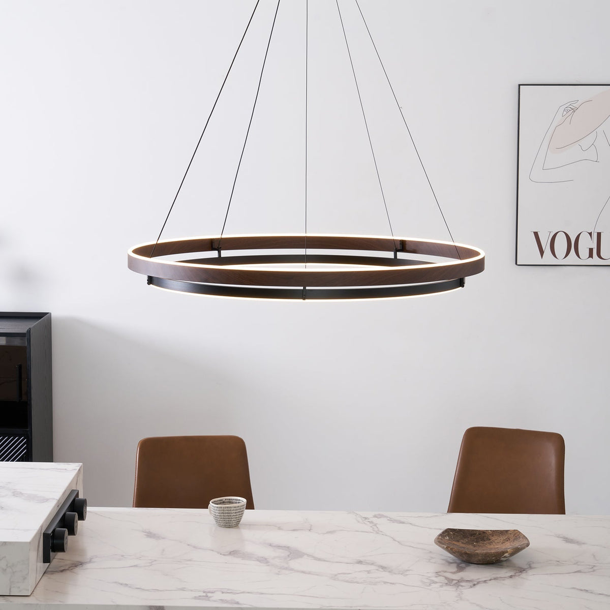 Suspended Dual-Halo LED Fixture for Dining Areas Wood-Grain Metal Ceiling Light Adjustable Height Contemporary Overhead Illumination for Kit | Thomler